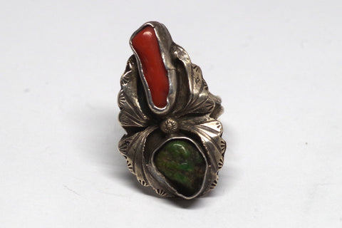 Dual Stone Native American Turquoise and Coral Sterling Silver Ring