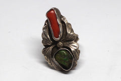 Dual Stone Native American Turquoise and Coral Sterling Silver Ring