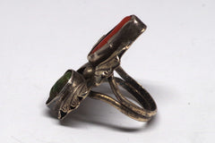 Dual Stone Native American Turquoise and Coral Sterling Silver Ring