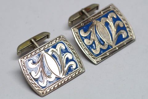 Swirly Blue Mexican Sterling Silver and Enamel Cufflinks