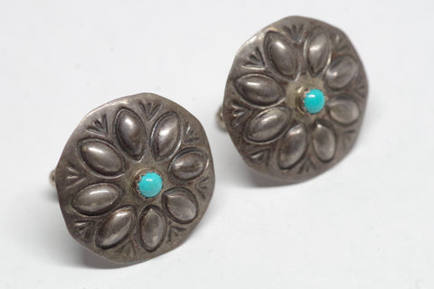 Rounded Floral Sterling Silver and Turquoise Cufflinks