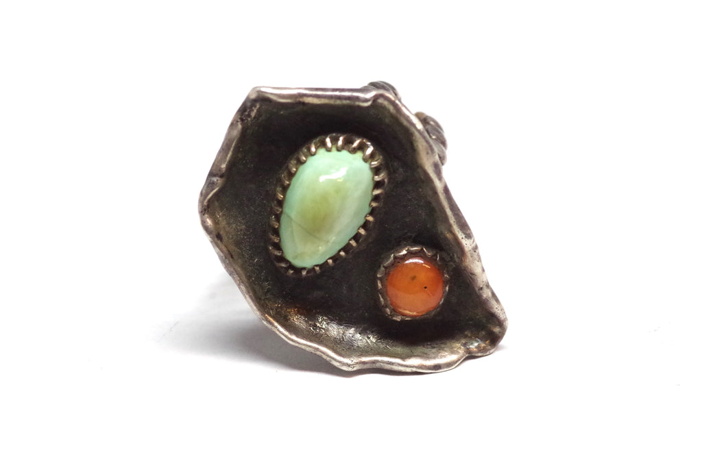 Delicate Southwestern Turquoise & Coral Silver Ring