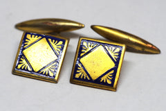 Vintage Art Deco 10kt Gold Cufflinks w/ Blue Enamel Design