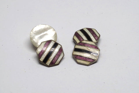 Vintage Octagonal Silver and Enamel Striped Cufflinks
