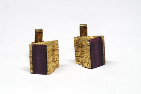 Gorgeous Textured Gold on Sterling Silver and Purple Multicolored Glass Cufflinks