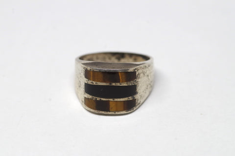 Lovely Sterling Silver Onyx and Tiger Eye Ring