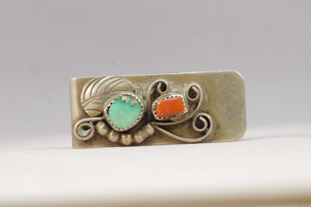 Turquoise and Red Coral Navajo Silver Money Clip