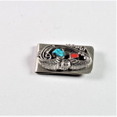 Navajo Silver Money Clip With Coral and Turquoise