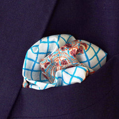 Windowpane and Paisley Blue and Brown Silk Pocket Square by Put This On