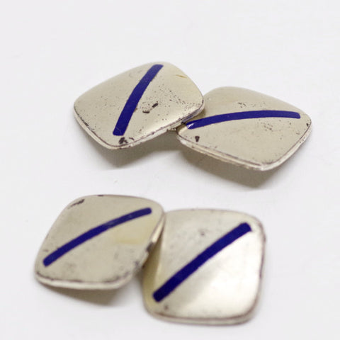 Sterling Silver Cufflinks w/ Blue Enamel Stripe