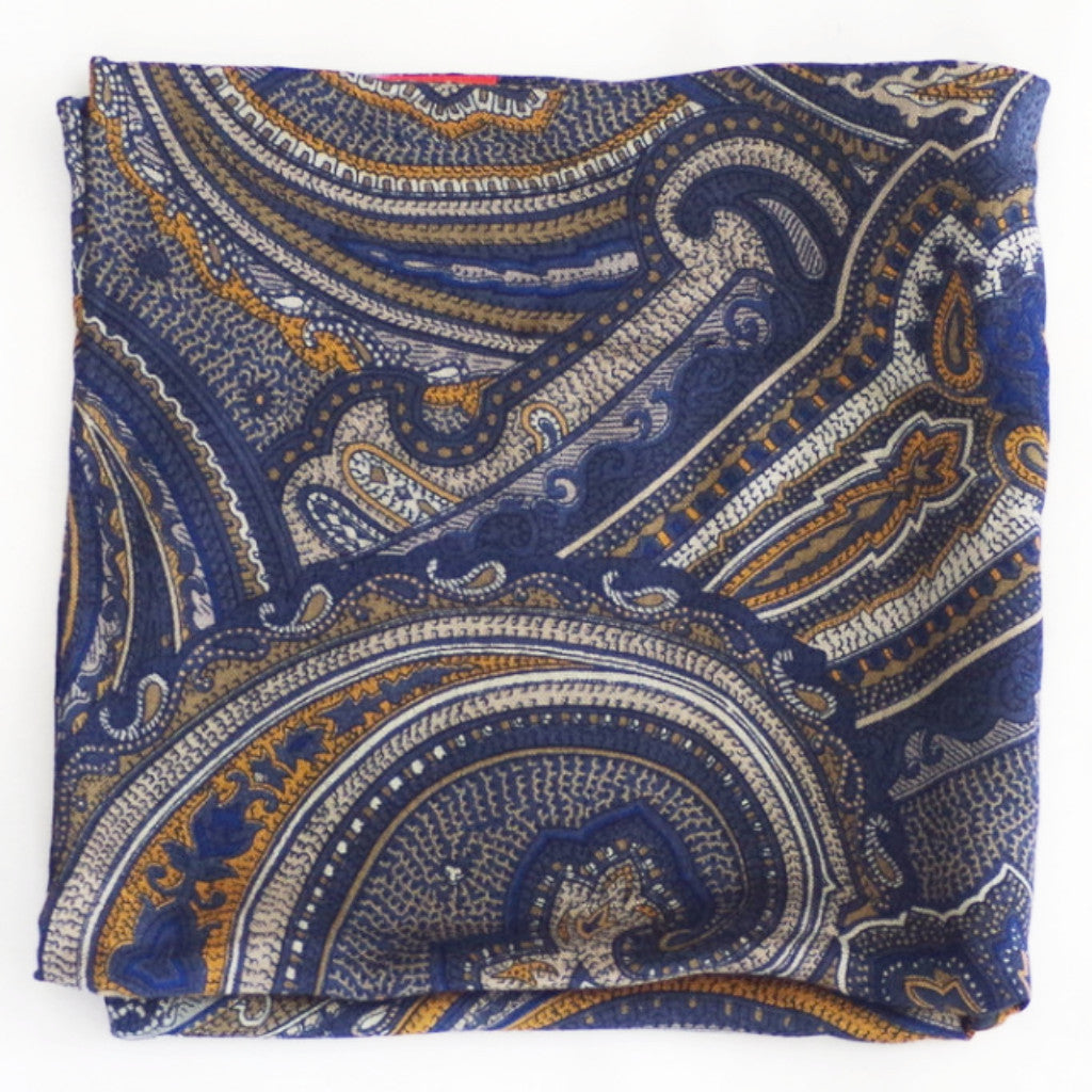 Ornate Blue, Gold, and White Wool Pocket Square by Put This On