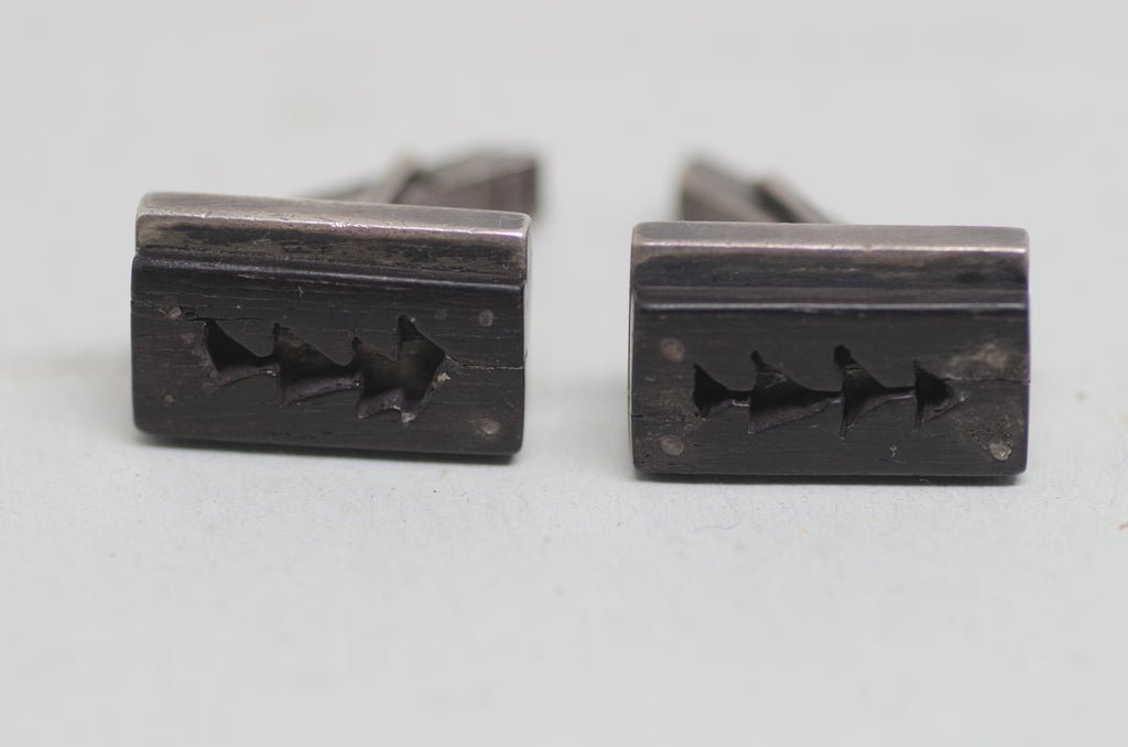 Carved Wood and Sterling Silver Modernist Cufflinks