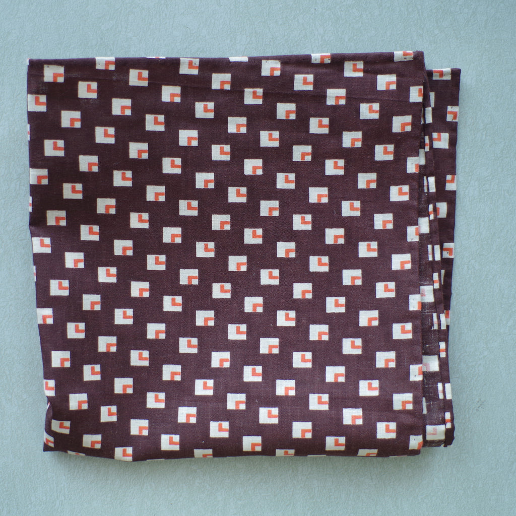 Brown, White and Orange Square Motif 1940s Cotton Pocket Square by Put This On