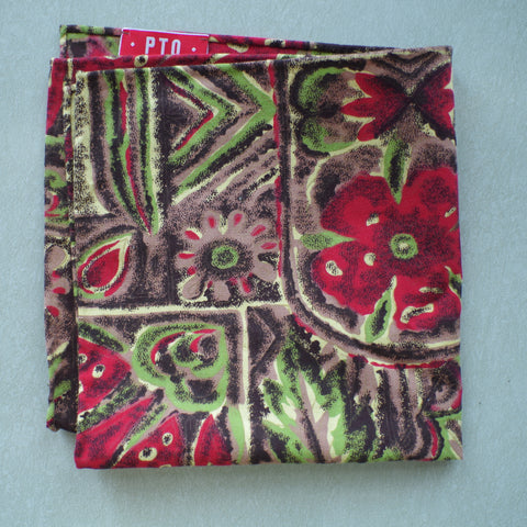 Brown, Green and Red Tiki Motif 1950s Cotton Pocket Square by Put This On